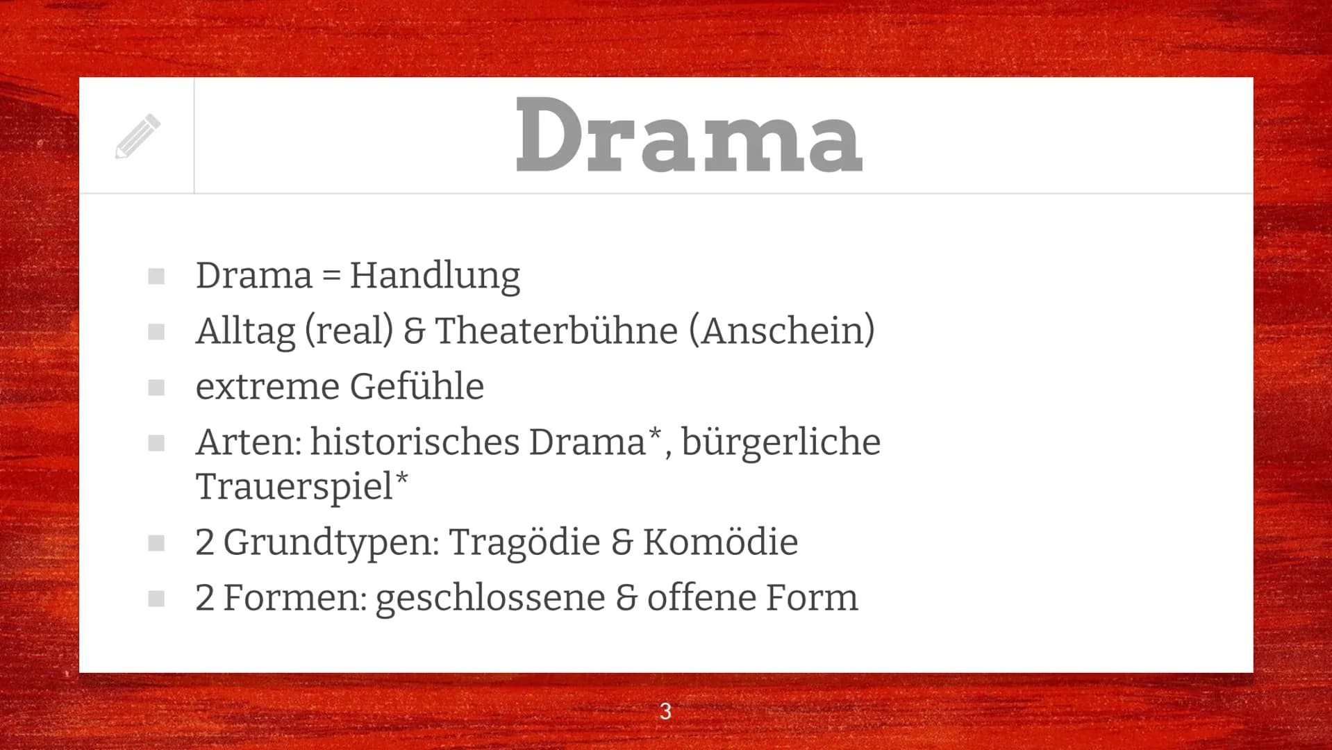Denise Berger
Lk Deutsch
Fr. Steppat
Gliederung:
1. Drama
2. verschiedene Arten d. Theaters
Das Theater - die kulturelle Entwicklung zur Ein