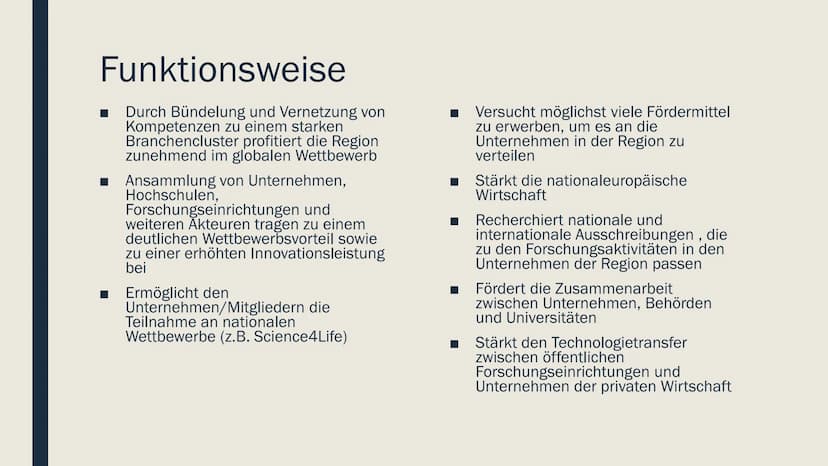 BioRN
Life Science Cluster Rhein-Neckar Gliederung
■ Lage
Wirtschaftsstruktur
Funktionsweise
Vor- und Nachteile BioRn
■ biomedizinisches For