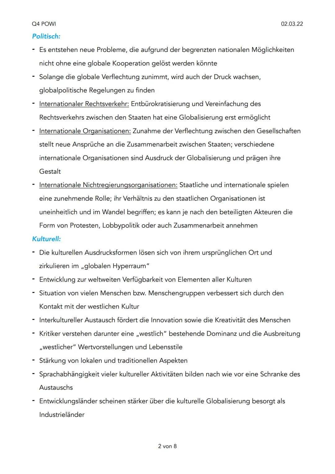 Q4 POWI
1. Globalisierung
Prozess der zunehmenden Vernetzung der Volkswirtschaftlichen auf internationaler Ebene
in den Bereichen Wirtschaft