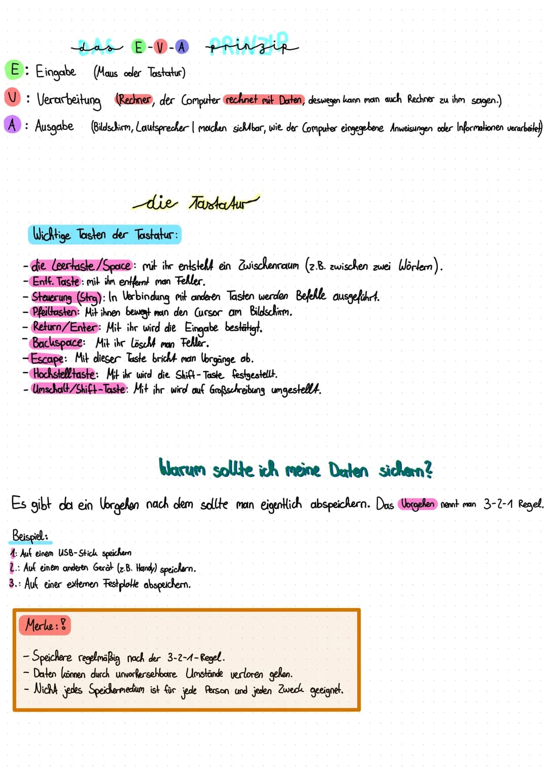das E-V-A prinzip
E: Eingabe (Maus oder Tastatur).
U: Verarbeitung (Rechner, der Computer rechnet mit Daten, deswegen kann man auch Rechner 