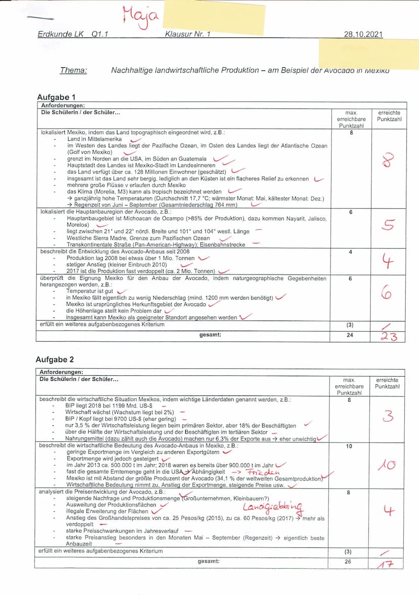 Erdkunde LK
Q1.1
Maja
Beginn: 7:25 Uhr
Abgabe: 10:00 Uhr
Arbeitszeit: 155 min
Thema: Nachhaltige landwirtschaftliche Produktion? - am Beispi