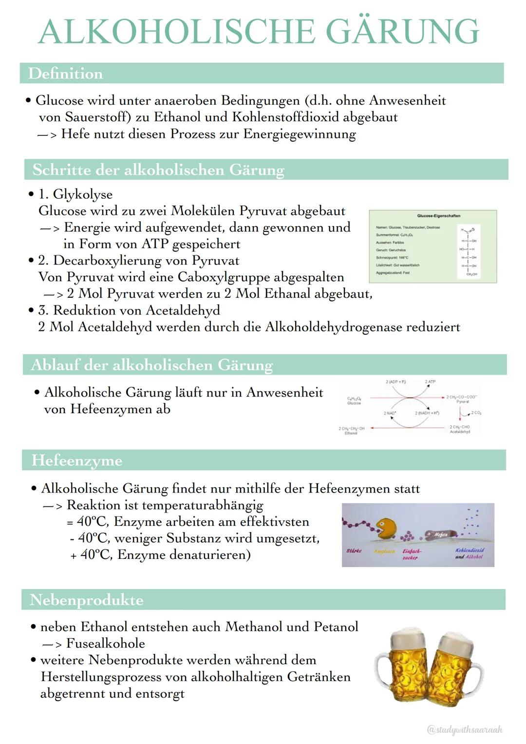 ALKOHOLISCHE GÄRUNG
Definition
• Glucose wird unter anaeroben Bedingungen (d.h. ohne Anwesenheit
von Sauerstoff) zu Ethanol und Kohlenstoffd