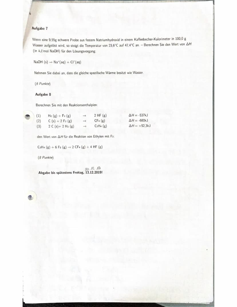 Leistungskurs Chemie
7. Übungsblatt/11.1
Allgemeine Chemie
Thermodynamik I
Aufgabe 1
Aufgabe 2
vorherigen Länge.
(2x3 = 6 Punkte)
In den Ing
