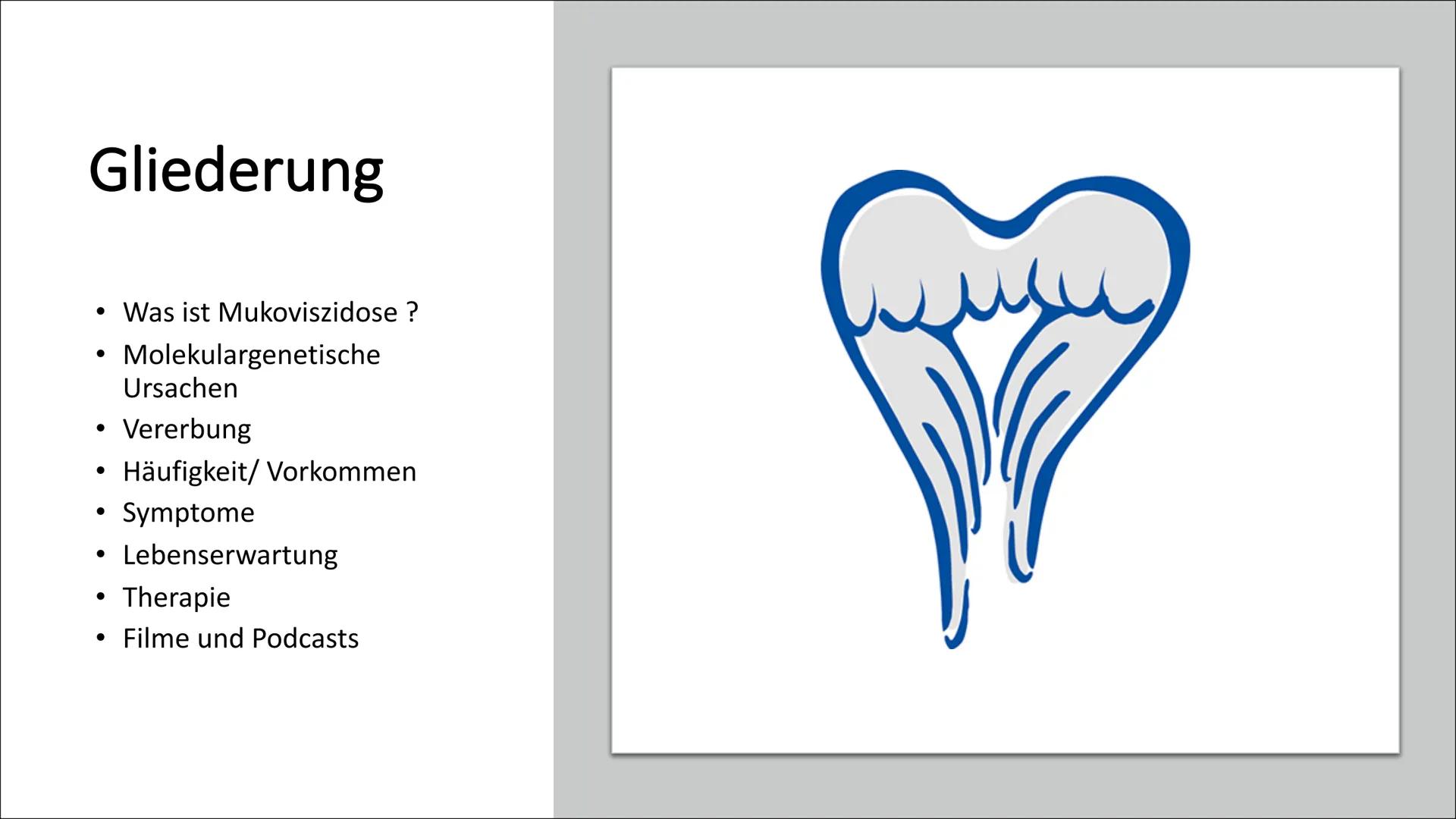 MUKOVISZIDOSE Gliederung

• Was ist Mukoviszidose ?
• Molekulargenetische
Ursachen
• Vererbung
• Häufigkeit/ Vorkommen
• Symptome
• Lebenser