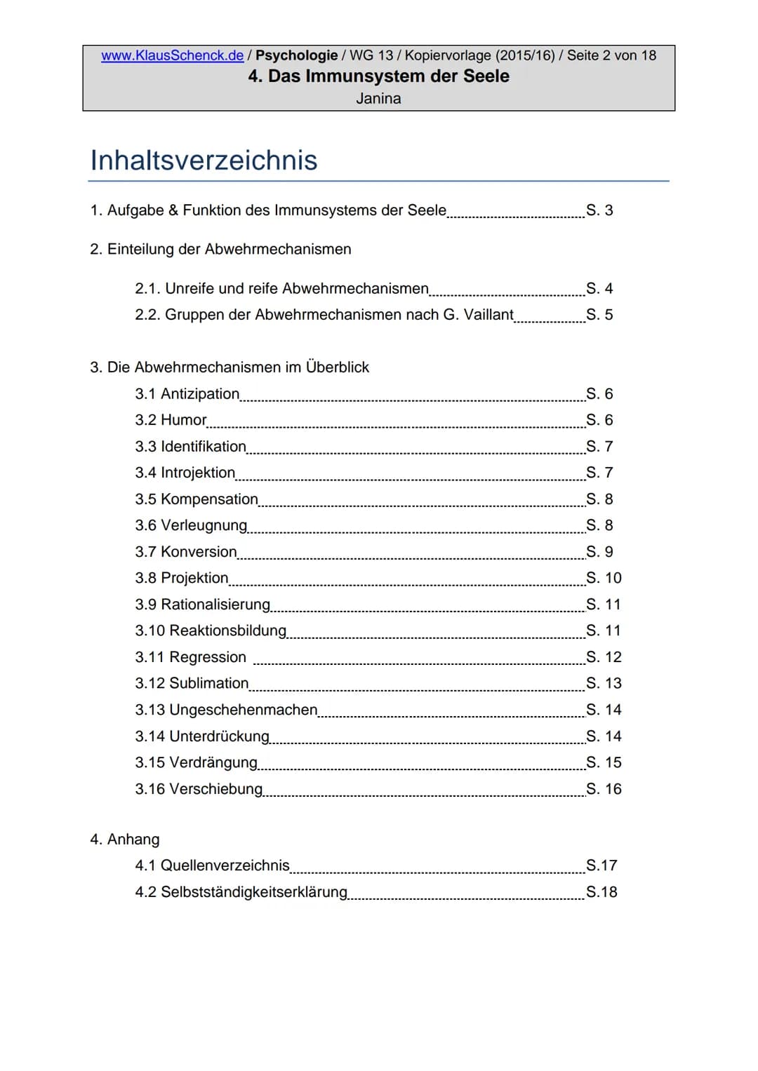 www.KlausSchenck.de/ Psychologie / WG 13/Kopiervorlage (2015/16) / Seite 2 von 18
4. Das Immunsystem der Seele
Janina
Inhaltsverzeichnis
1. 