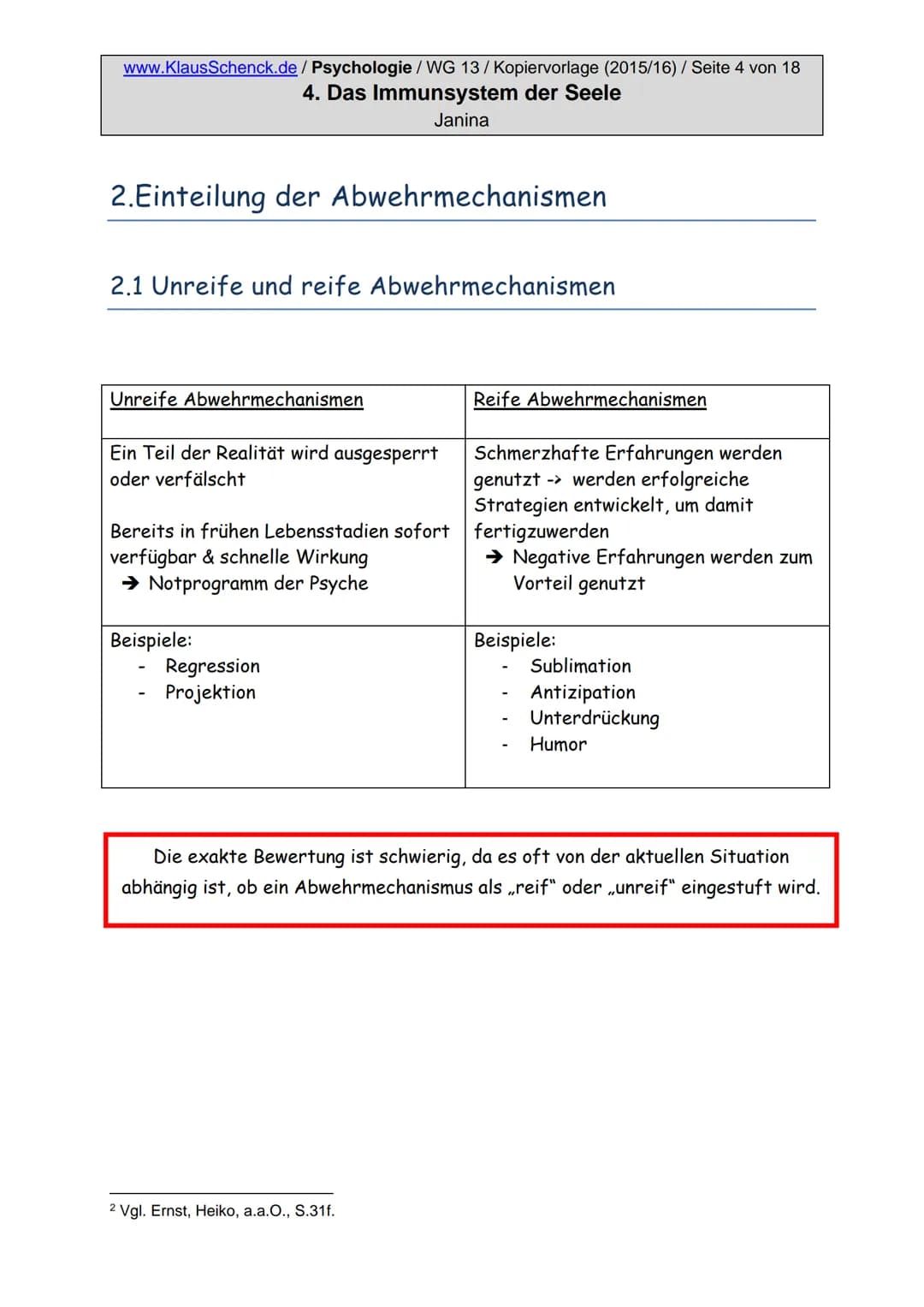 www.KlausSchenck.de/ Psychologie / WG 13/Kopiervorlage (2015/16) / Seite 2 von 18
4. Das Immunsystem der Seele
Janina
Inhaltsverzeichnis
1. 