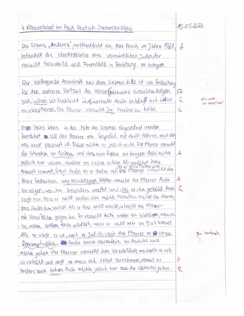 71
72 73 74 75 75
76
4. Klassenarbeit im Fach Deutsch (E2-Kurs)
Thema: Szenenanalyse
Aufgabe:
Analysiere den vorliegenden Auszug (M1, 7. Bil