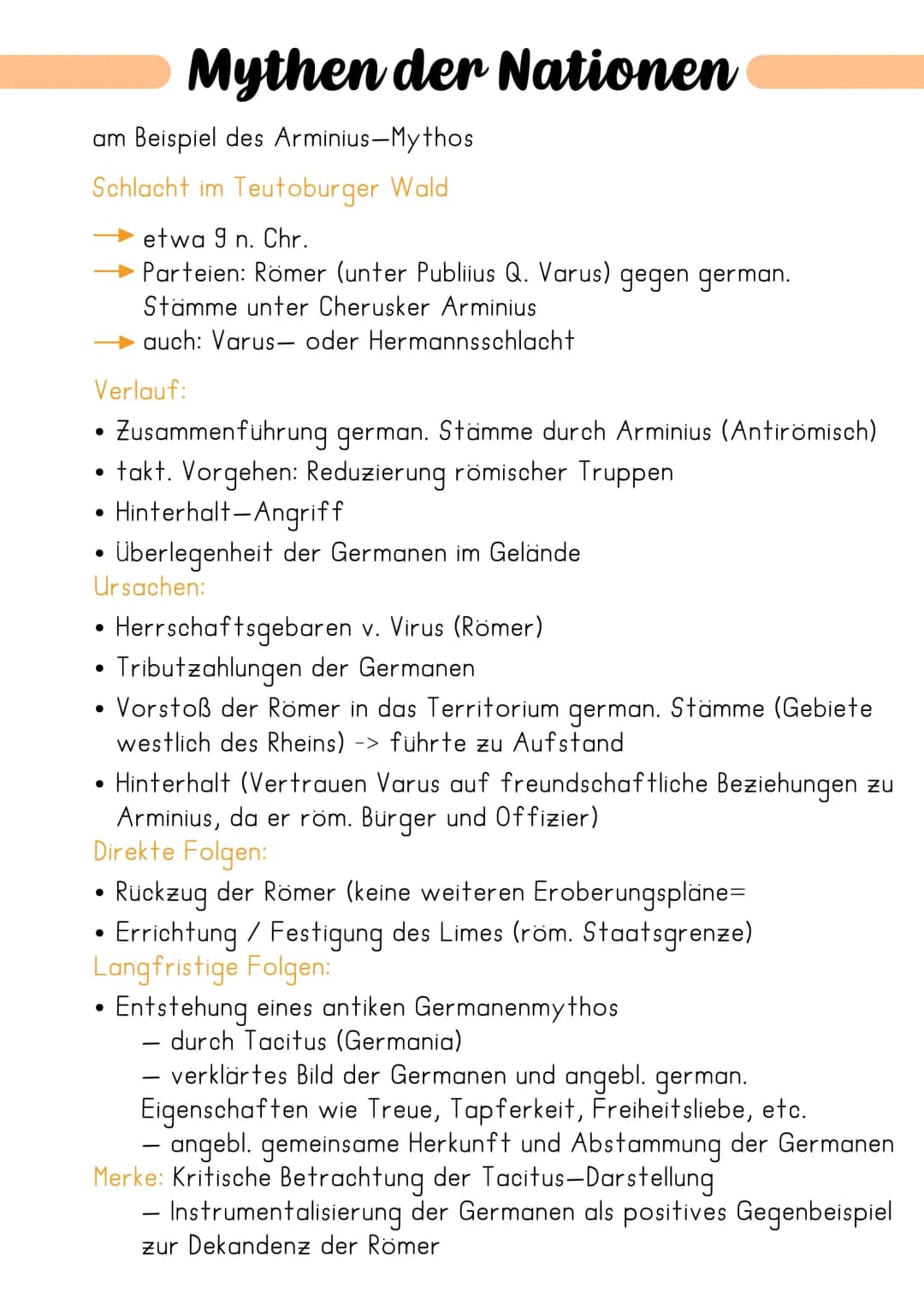 am Beispiel des Arminius-Mythos
Schlacht im Teutoburger Wald
etwa 9 n. Chr.
Parteien: Römer (unter Publiius Q. Varus) gegen german.
Stämme u