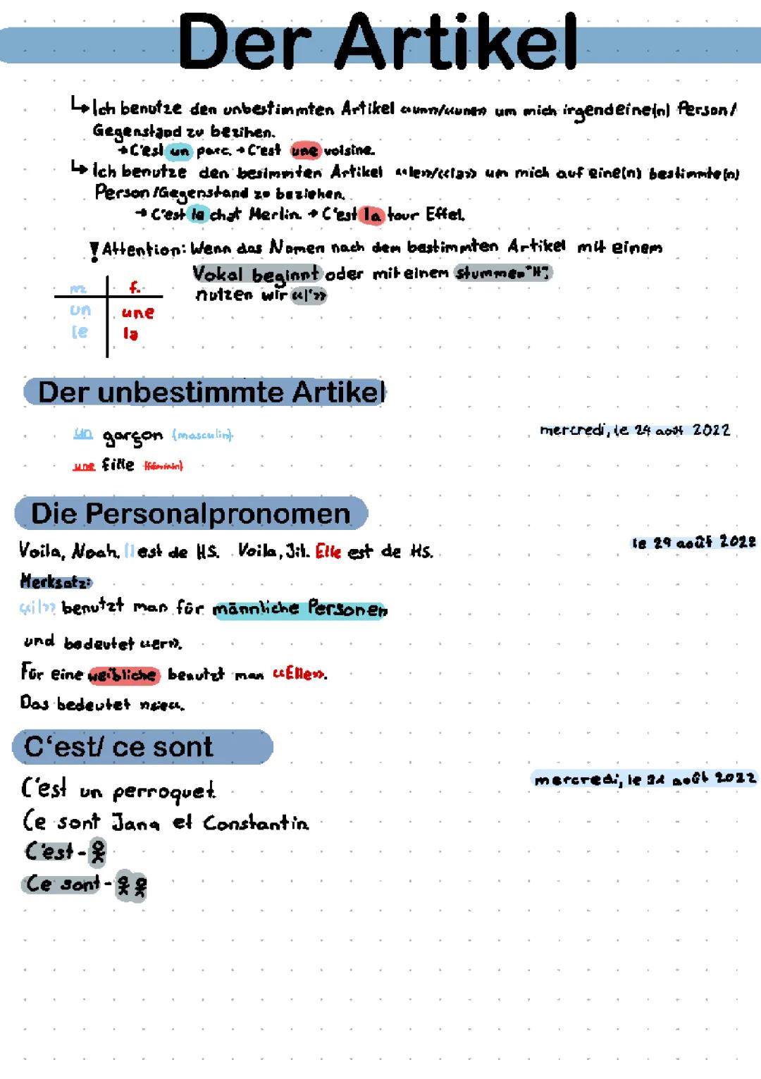 1.Klassenarbeit Französisch Lernzettel