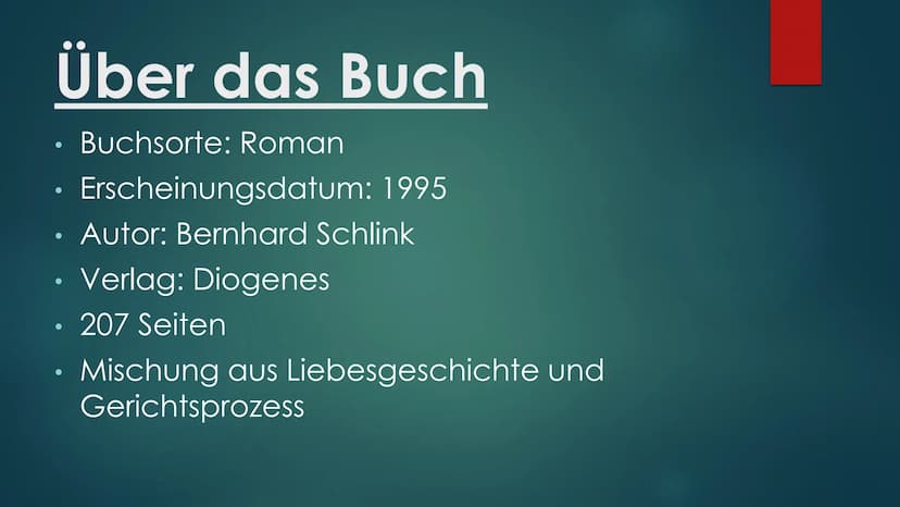 Bernhard
Schlink
Der Vorleser
Roman Diogenes
Der
Vorleser
VON BERNHARD SCHLINK Gliederung
1) Allgemeines über das Buch
2) Inhalt
3) Autor Üb