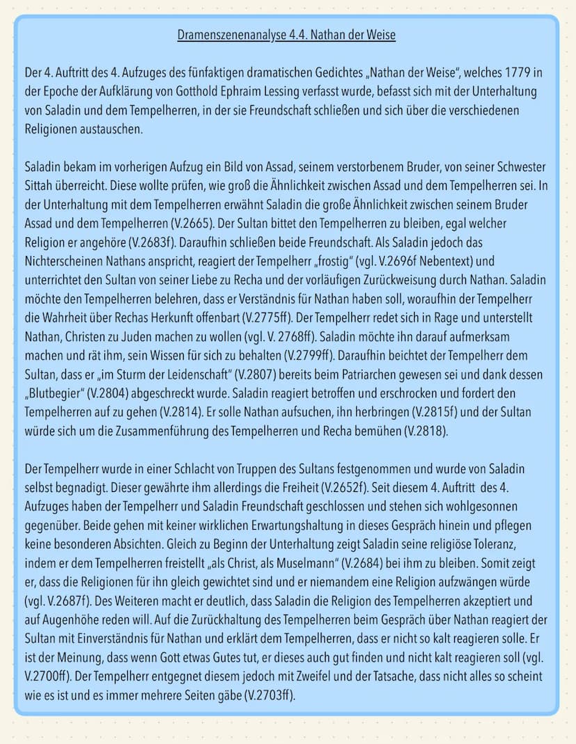 Hier trennen sich jedoch die Ansichten des Tempelherren und des Sultans, da dieser denkt, dass es nur
eine Seite gibt und zwar die, die Gott