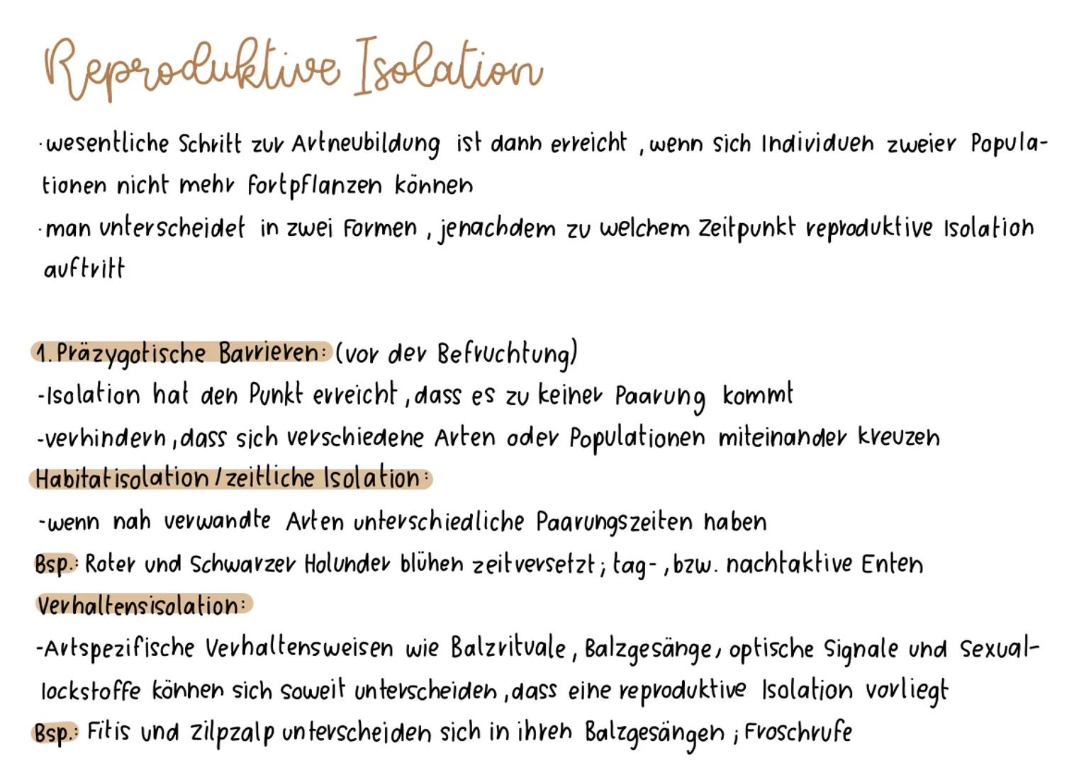 # Reproduktive Isolation

- wesentliche Schritt zur Artneubildung ist dann erreicht, wenn sich Individuen zweier Popula-
  tionen nicht mehr