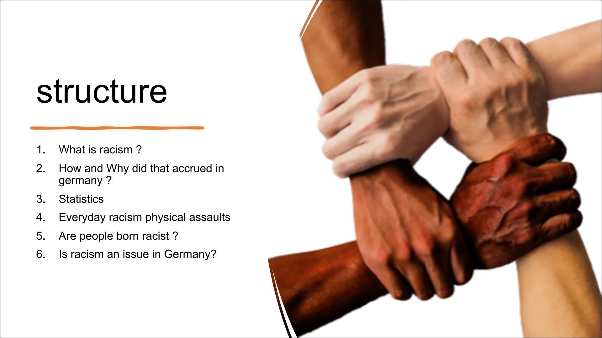 Is racism an issue in
Germany? structure

1. What is racism ?
2. How and Why did that accrued in
germany?
3. Statistics
4. Everyday racism p