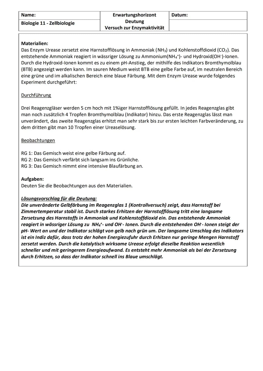 KLAUSURVORBEREITUNG
Struktur einer Aminosäure mit funktionellen Gruppen
Aufbau von Proteinen
Themen:
●
● Enzyme als Biokatalysatoren
Substra