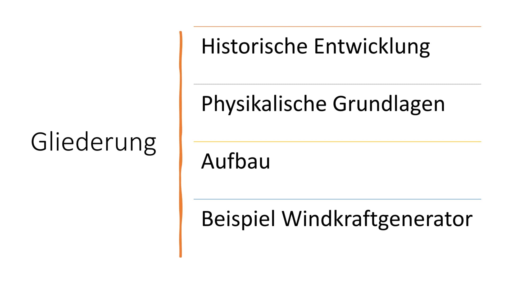 Generatoren Gliederung
Historische Entwicklung
Physikalische Grundlagen
Aufbau
Beispiel Windkraftgenerator Historische
Entwicklung Historisc