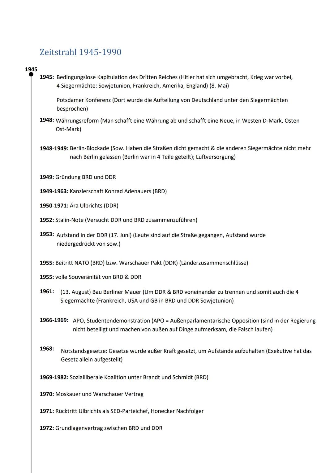 1945
Zeitstrahl 1945-1990
1945: Bedingungslose Kapitulation des Dritten Reiches (Hitler hat sich umgebracht, Krieg war vorbei,
4 Siegermächt