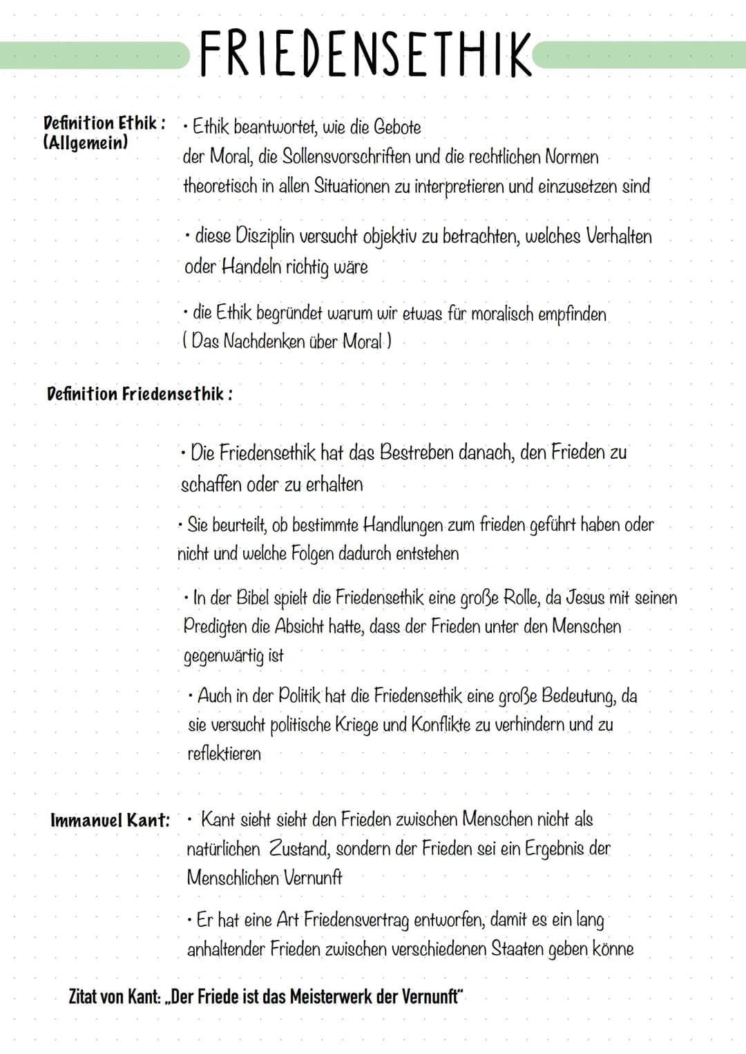 Definition Ethik:
(Allgemein)
Immanuel Kant:
FRIEDENSETHIK
Ethik beantwortet, wie die Gebote
der Moral, die Sollensvorschriften und die rech