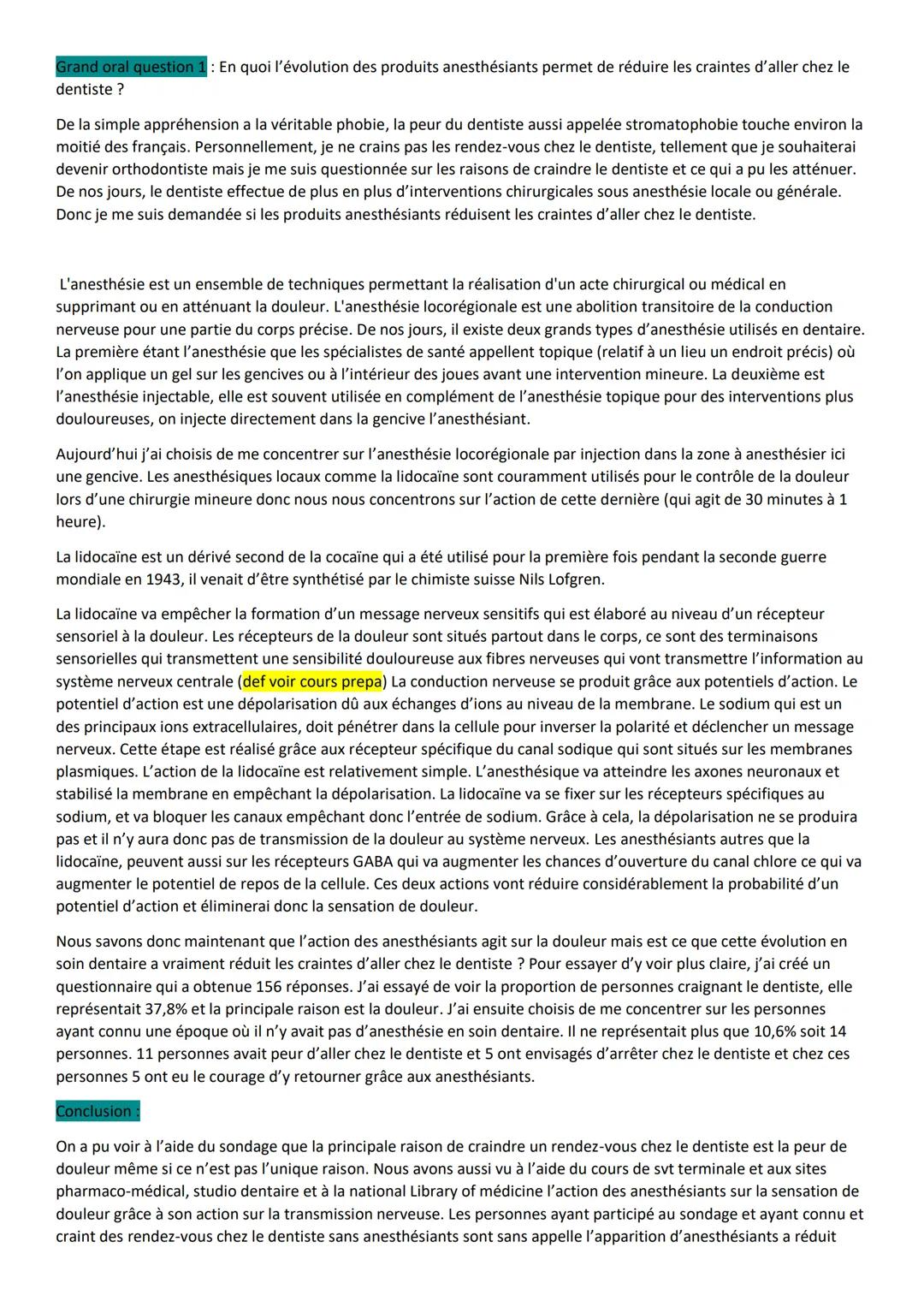 # Grand oral question 1: En quoi l'évolution des produits anesthésiants permet de réduire les craintes d'aller chez le
dentiste ?

De la sim