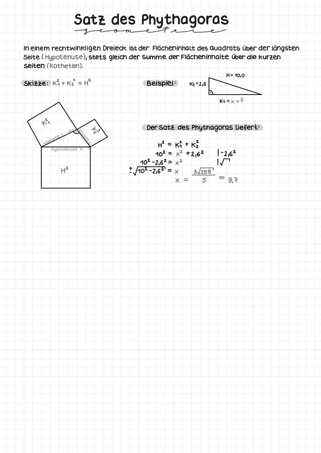 Satz des Phythagoras
in einem rechtwinkligen Dreieck ist der Flächeninhalt des Quadrats über der längsten
Seite (Hypotenuse), stets gleich d