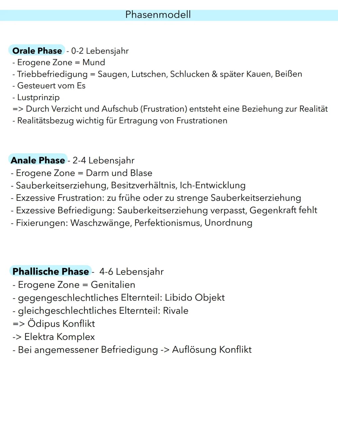 Phasenmodell
Orale Phase - 0-2 Lebensjahr
- Erogene Zone = Mund
- Triebbefriedigung = Saugen, Lutschen, Schlucken & später Kauen, Beißen
- G