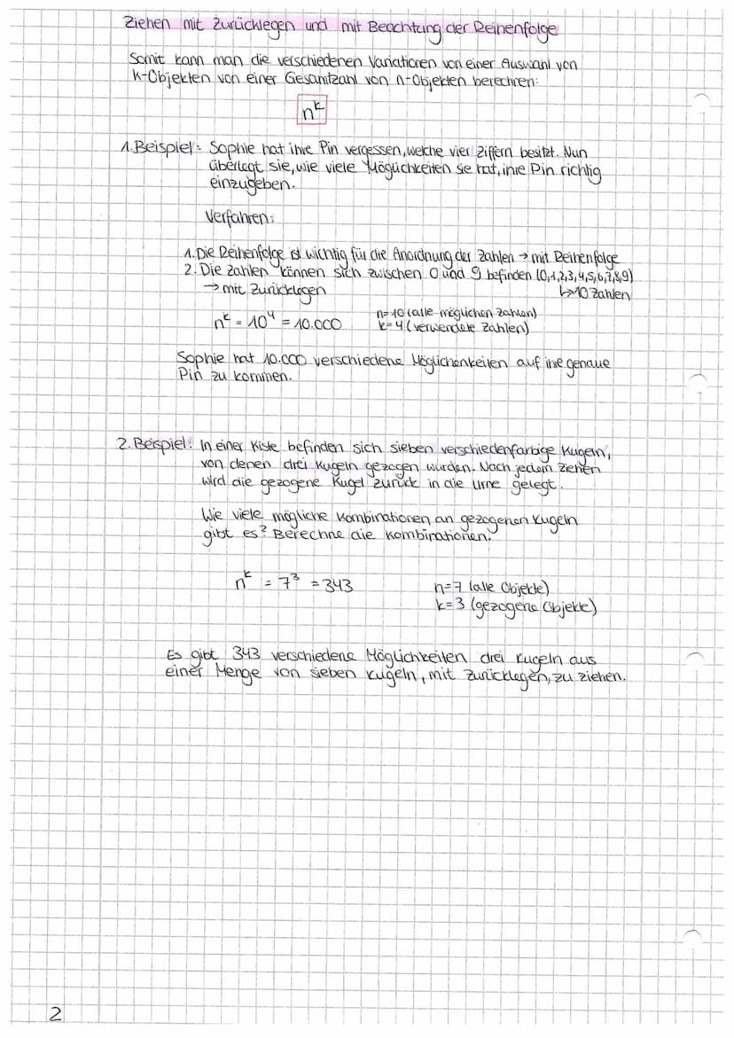 Fakultät
k! = k· (k-1) · (K-2). -1
am Beispiel: 6! = 6·5·4·3·2-1=720
Fakultäten erhöhen:
(Zahl +1). Zah)!
Bsp.: 6.5!
Kombinatorik
Fakultäten