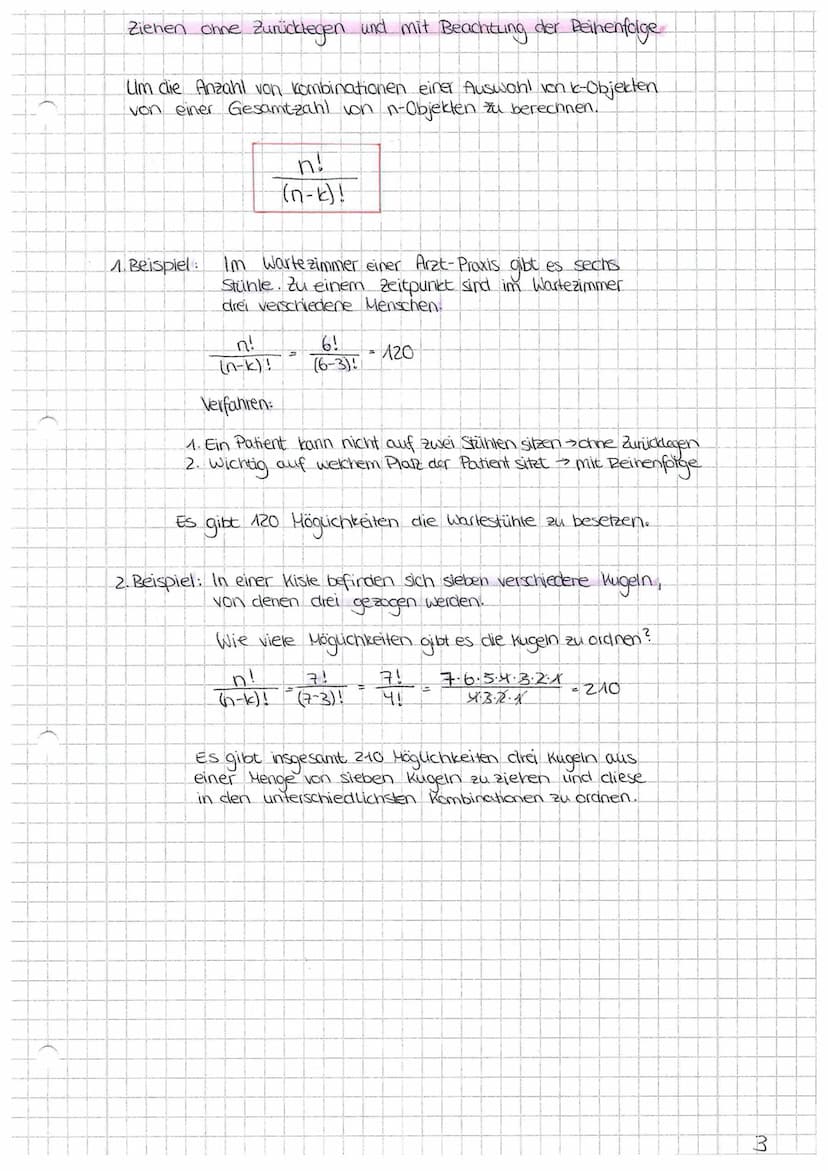 Fakultät
k! = k· (k-1) · (K-2). -1
am Beispiel: 6! = 6·5·4·3·2-1=720
Fakultäten erhöhen:
(Zahl +1). Zah)!
Bsp.: 6.5!
Kombinatorik
Fakultäten