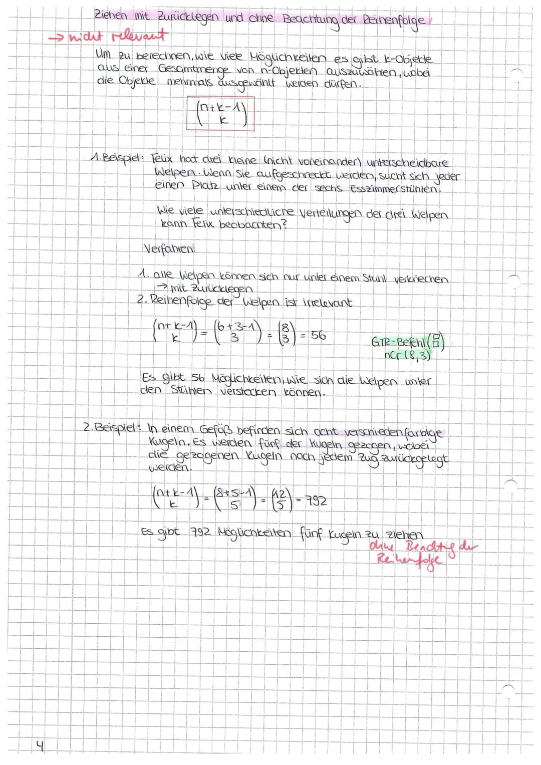 Fakultät
k! = k· (k-1) · (K-2). -1
am Beispiel: 6! = 6·5·4·3·2-1=720
Fakultäten erhöhen:
(Zahl +1). Zah)!
Bsp.: 6.5!
Kombinatorik
Fakultäten