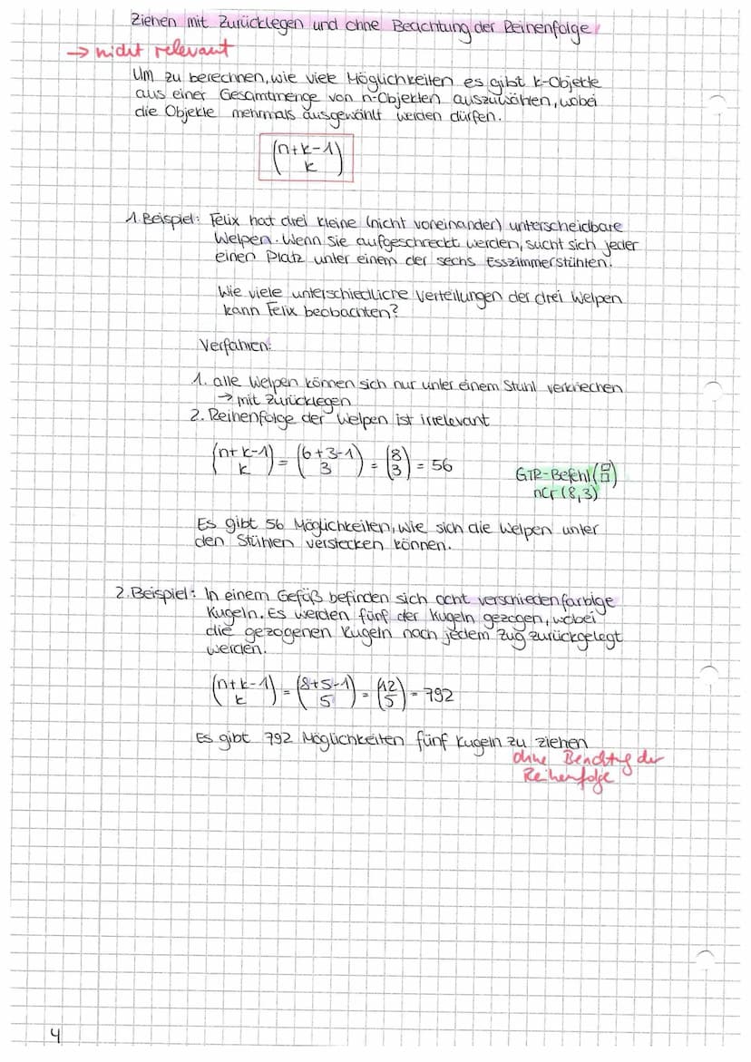 Fakultät
k! = k· (k-1) · (K-2). -1
am Beispiel: 6! = 6·5·4·3·2-1=720
Fakultäten erhöhen:
(Zahl +1). Zah)!
Bsp.: 6.5!
Kombinatorik
Fakultäten
