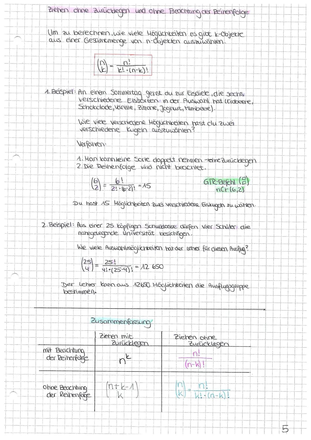 Fakultät
k! = k· (k-1) · (K-2). -1
am Beispiel: 6! = 6·5·4·3·2-1=720
Fakultäten erhöhen:
(Zahl +1). Zah)!
Bsp.: 6.5!
Kombinatorik
Fakultäten