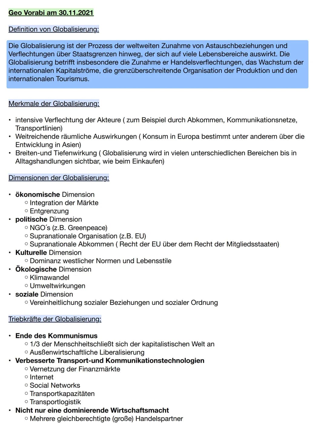 Geo Vorabi am 30.11.2021
Definition von Globalisierung:
Die Globalisierung ist der Prozess der weltweiten Zunahme von Astauschbeziehungen un