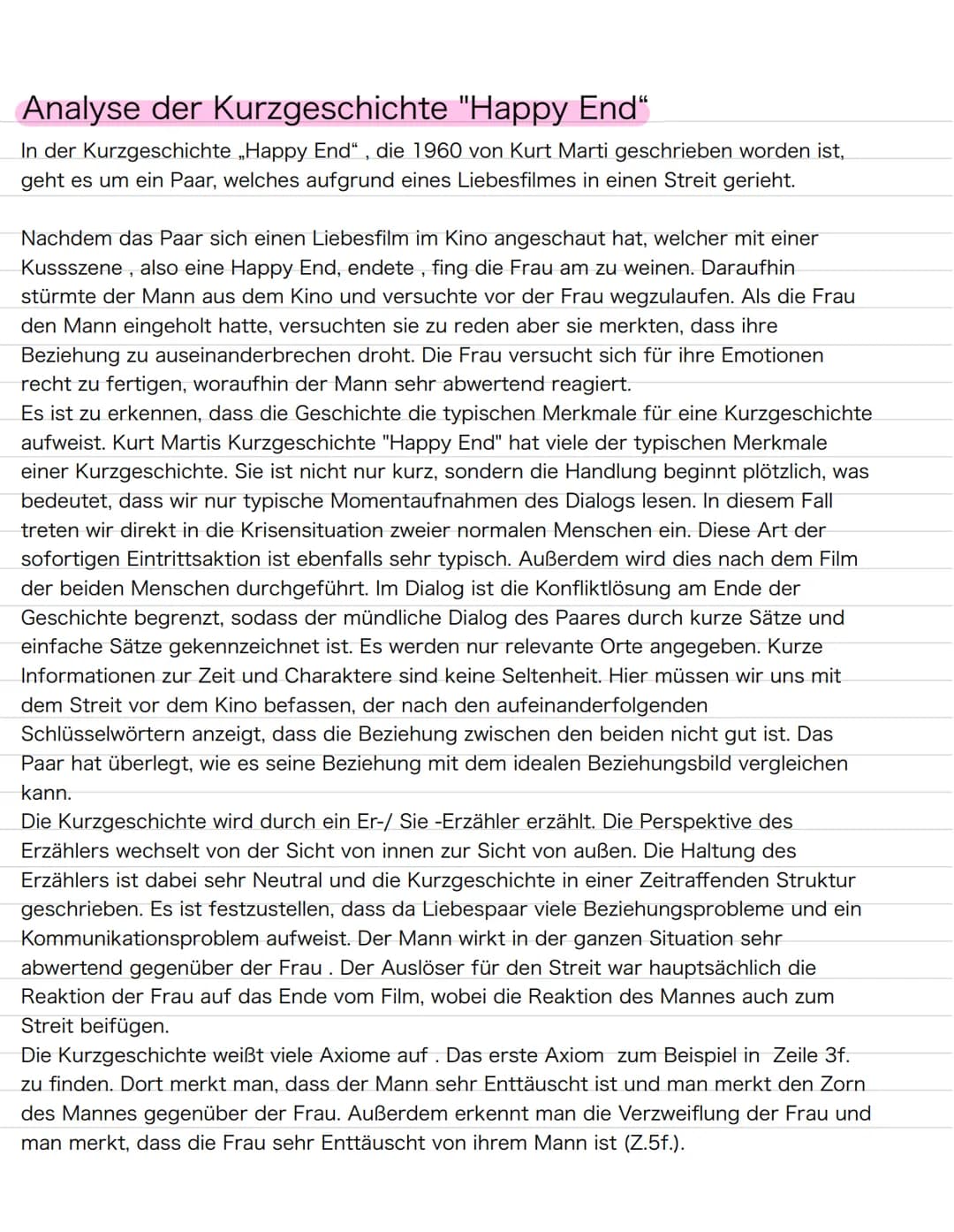 Analyse der Kurzgeschichte "Happy End"
In der Kurzgeschichte Happy End", die 1960 von Kurt Marti geschrieben worden ist,
geht es um ein Paar