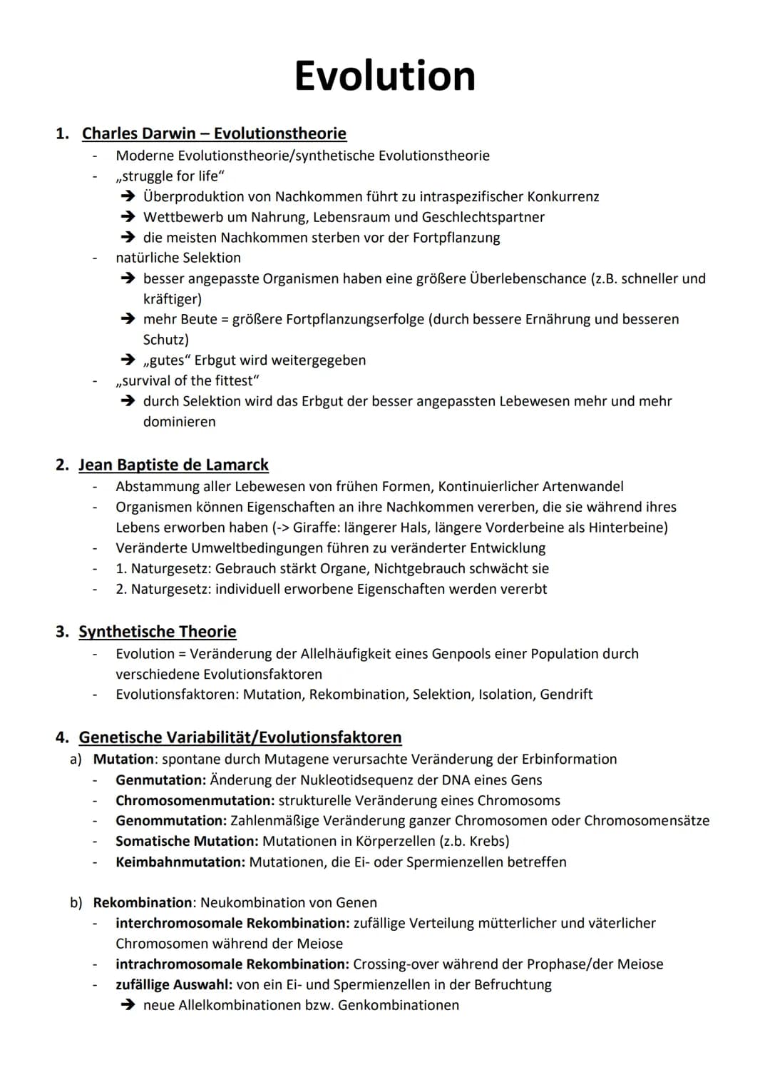 1. Charles Darwin - Evolutionstheorie
Moderne Evolutionstheorie/synthetische
,,struggle for life"
-
Evolution
2. Jean Baptiste de Lamarck
→ 