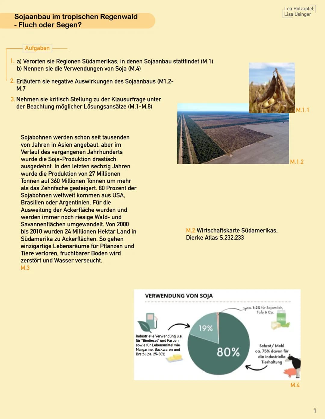 Sojaanbau im tropischen Regenwald
- Fluch oder Segen?
Aufgaben
1. a) Verorten sie Regionen Südamerikas, in denen Sojaanbau stattfindet (M.1)