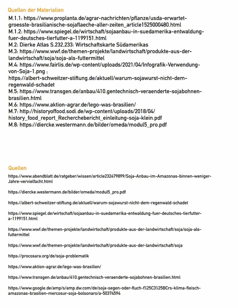 Sojaanbau im tropischen Regenwald
- Fluch oder Segen?
Aufgaben
1. a) Verorten sie Regionen Südamerikas, in denen Sojaanbau stattfindet (M.1)