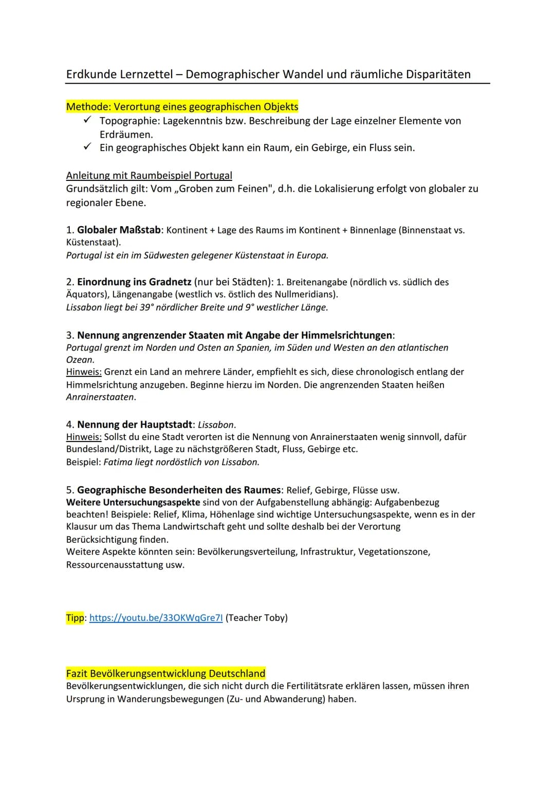 Erdkunde Lernzettel - Demographischer Wandel und räumliche Disparitäten
Methode: Verortung eines geographischen Objekts
✓ Topographie: Lagek