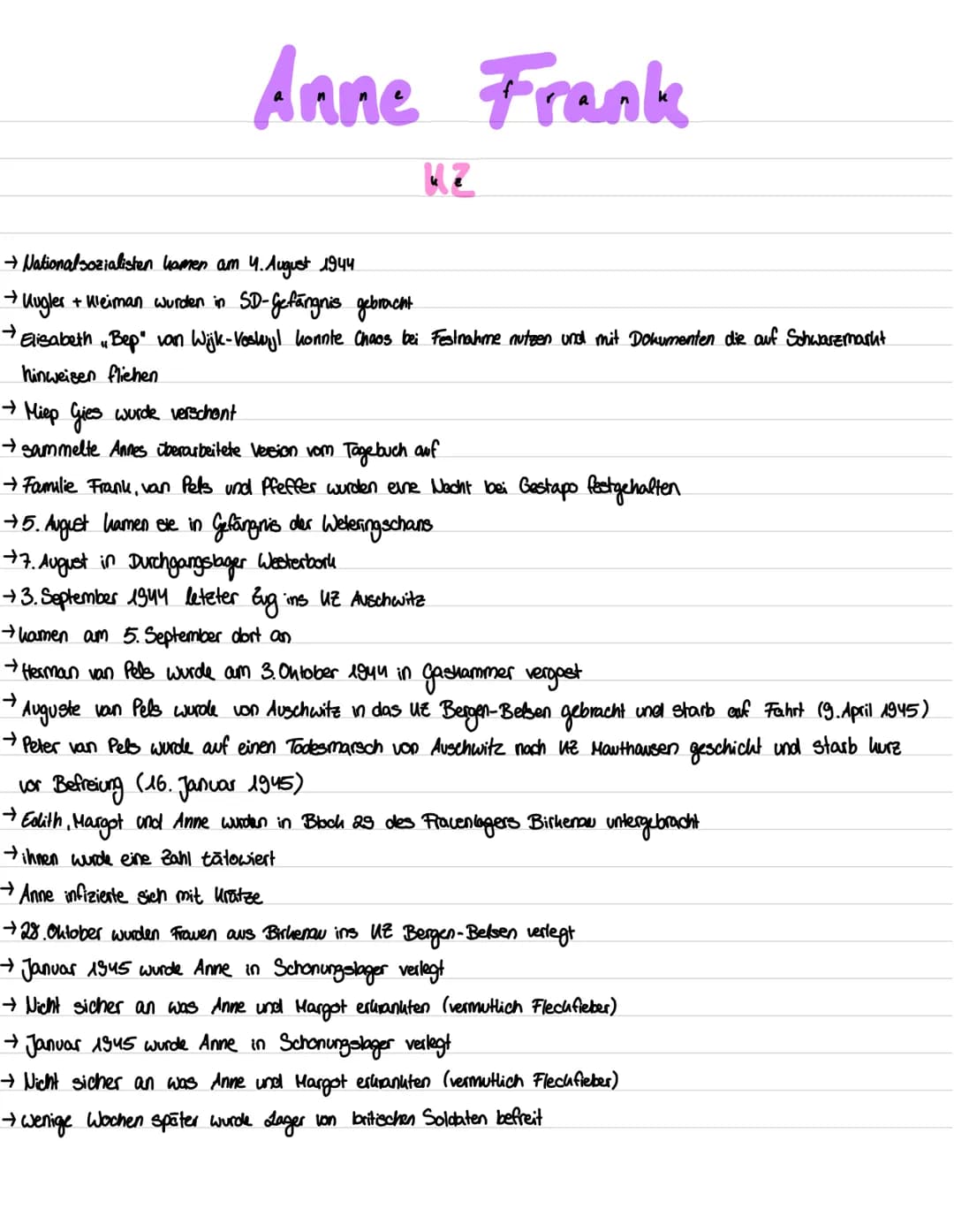 Anne Frank Allgemeine
→ Versteck
→ Leben im Haus
→ Tagebuch
→ Verrat
Infos
→ KZ
→ Anne Frank Gedenkorte
→ Quellen
Anne Frank
Gliederving → N