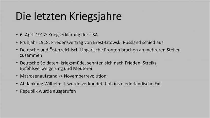 Der Erste
Weltkrieg
- das Ende und die Folgen Inhalt
●
●
●
• Karten
Folgen des 1. Weltkriegs
Quiz
Quellen
●
Die letzten Kriegsjahre
Waffenst