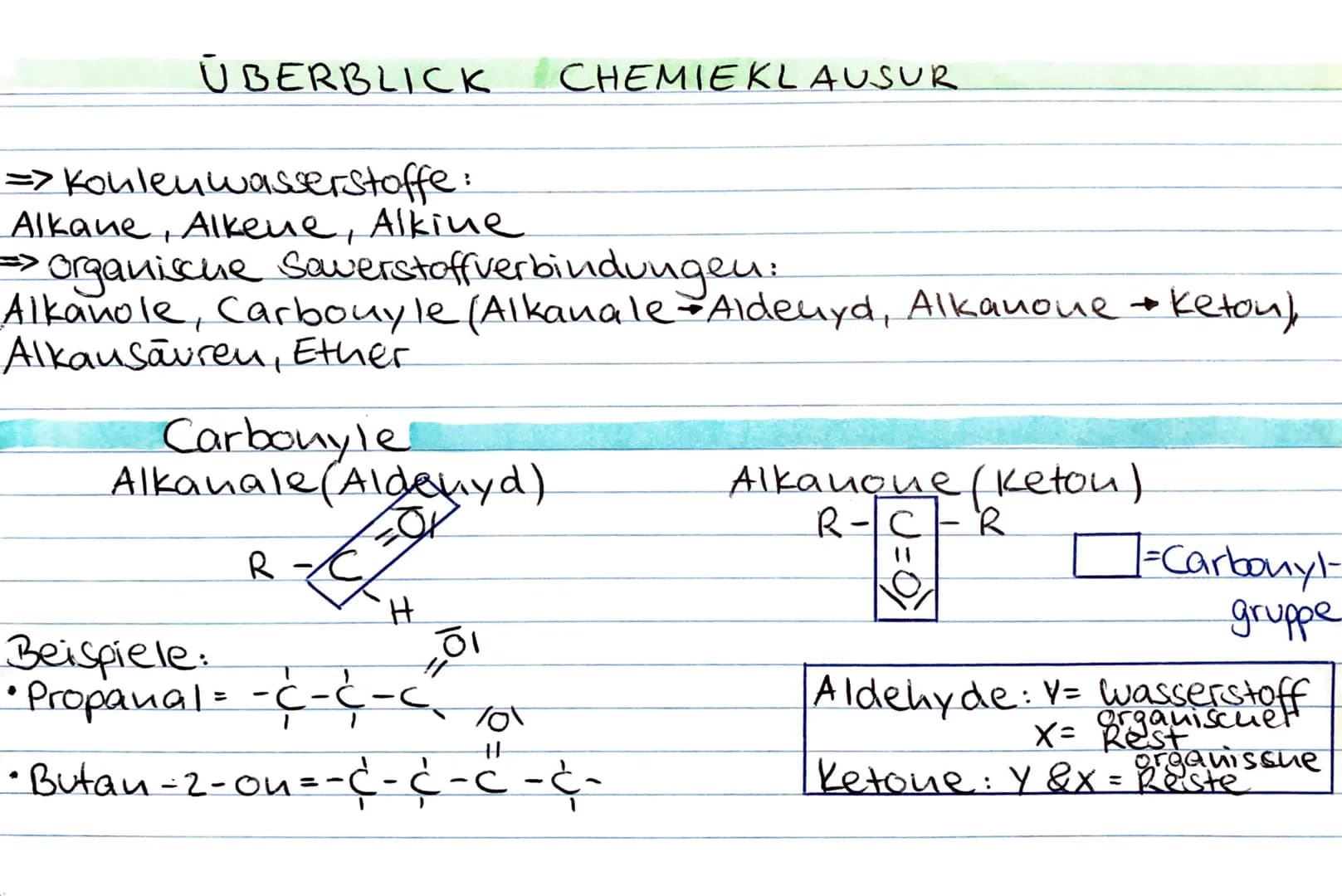 ÜBERBLICK CHEMIEKLAUSUR
=> Kohlenwasserstoffe:
Alkane, Alkene, Alkine
=> organische Sawerstoffverbindungen:
Alkanole, Carbouyle (Alkanale Al