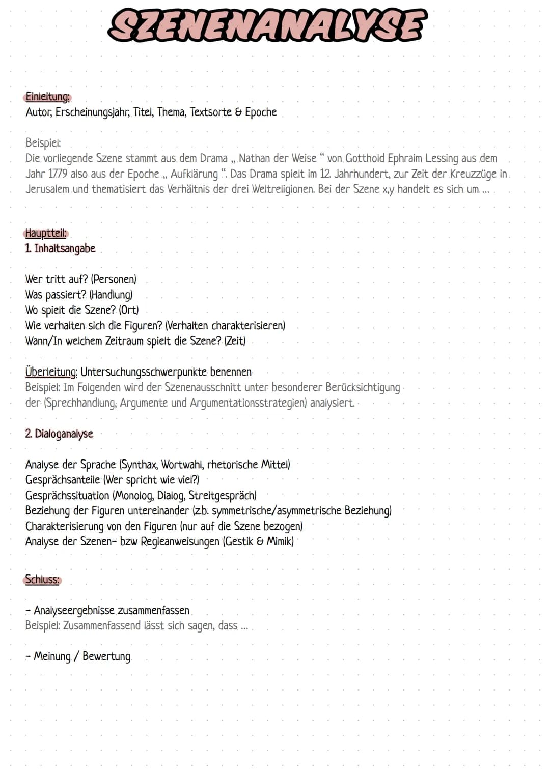 Einleitung:
Autor, Erscheinungsjahr, Titel, Thema, Textsorte & Epoche
SZENENANALYSE
Beispiel:
Die vorliegende Szene stammt aus dem Drama ,, 