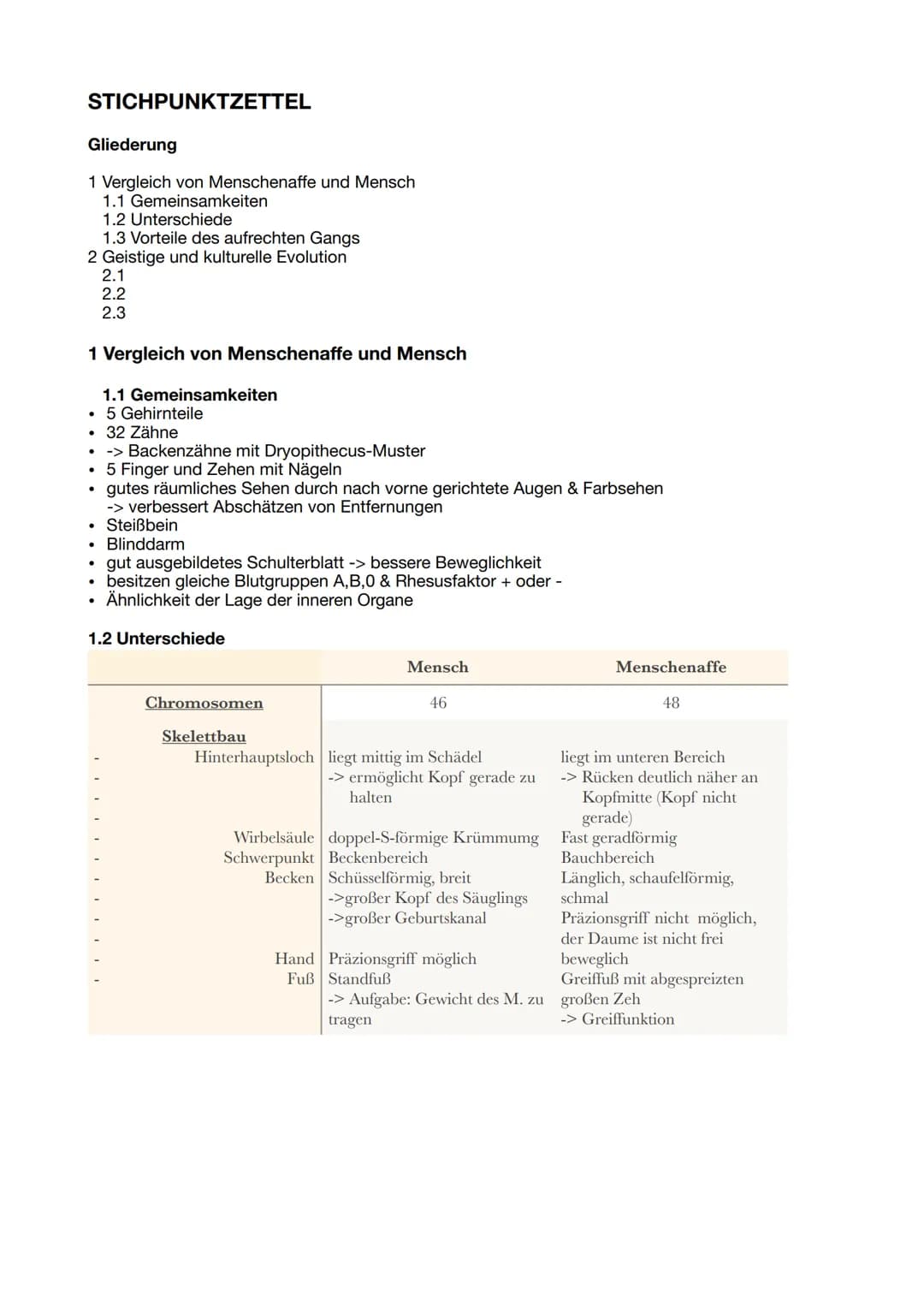 EVOLUTION
DES MENSCHEN
12. Klasse
統 STICHPUNKTZETTEL
Gliederung
1 Vergleich von Menschenaffe und Mensch
1.1 Gemeinsamkeiten
1.2 Unterschiede