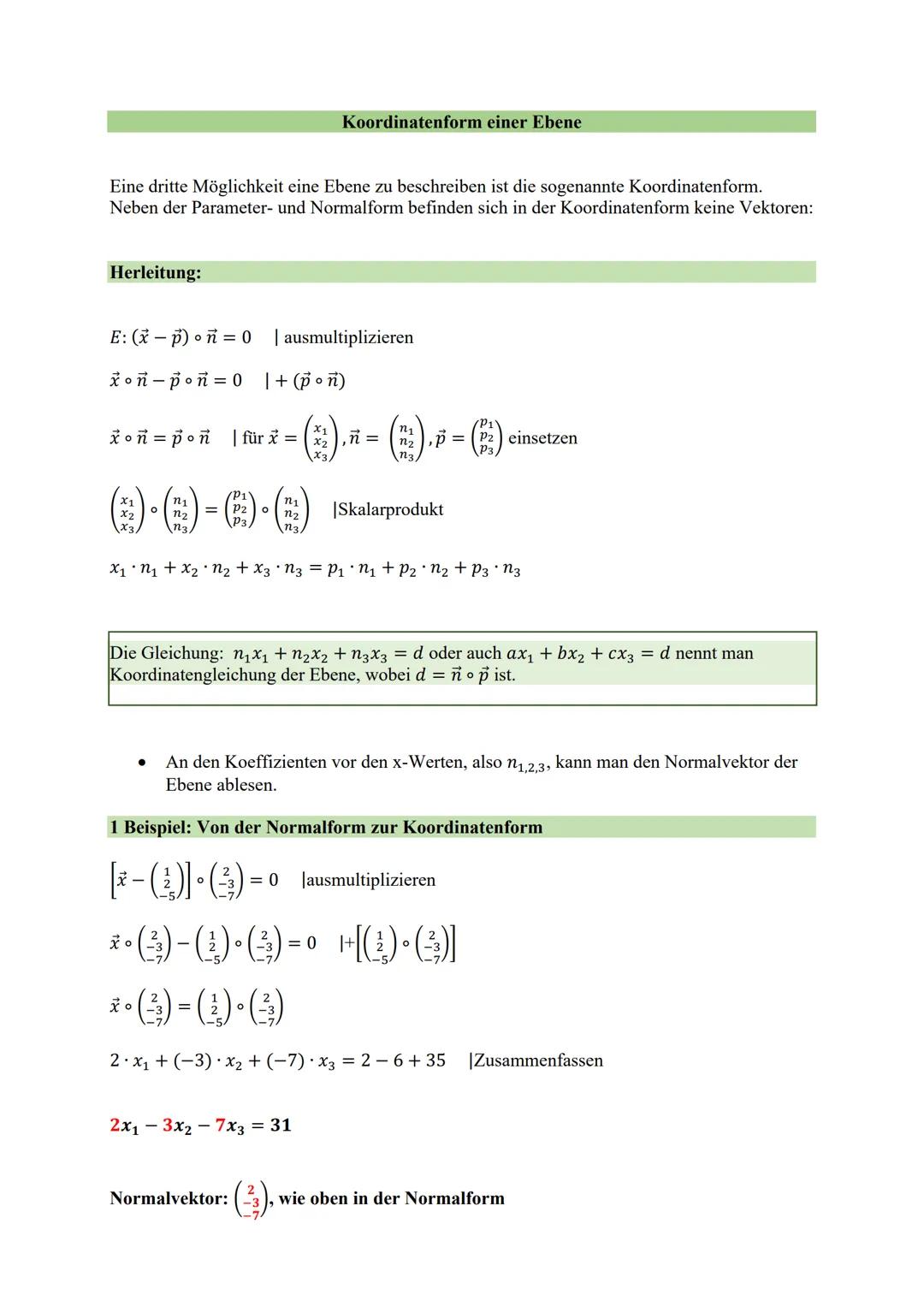 ```markdown
Koordinatenform einer Ebene

Eine dritte Möglichkeit eine Ebene zu beschreiben ist die sogenannte Koordinatenform.
Neben der Par