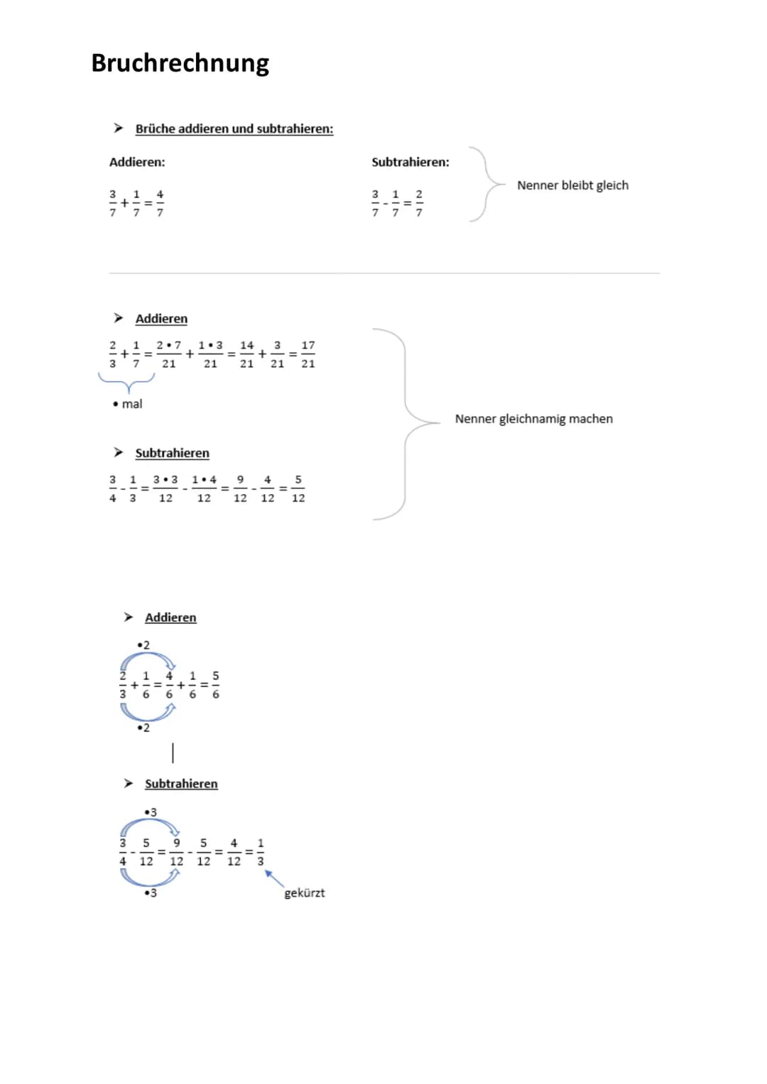 Bruchrechnung
➤ Brüche addieren und subtrahieren:
Addieren:
4
7 7
➤ Addieren
3
1
7
• mal
3 1
=
Subtrahieren
3.3
12
4 3
2.7 1.3
+
21
21
=
-
1