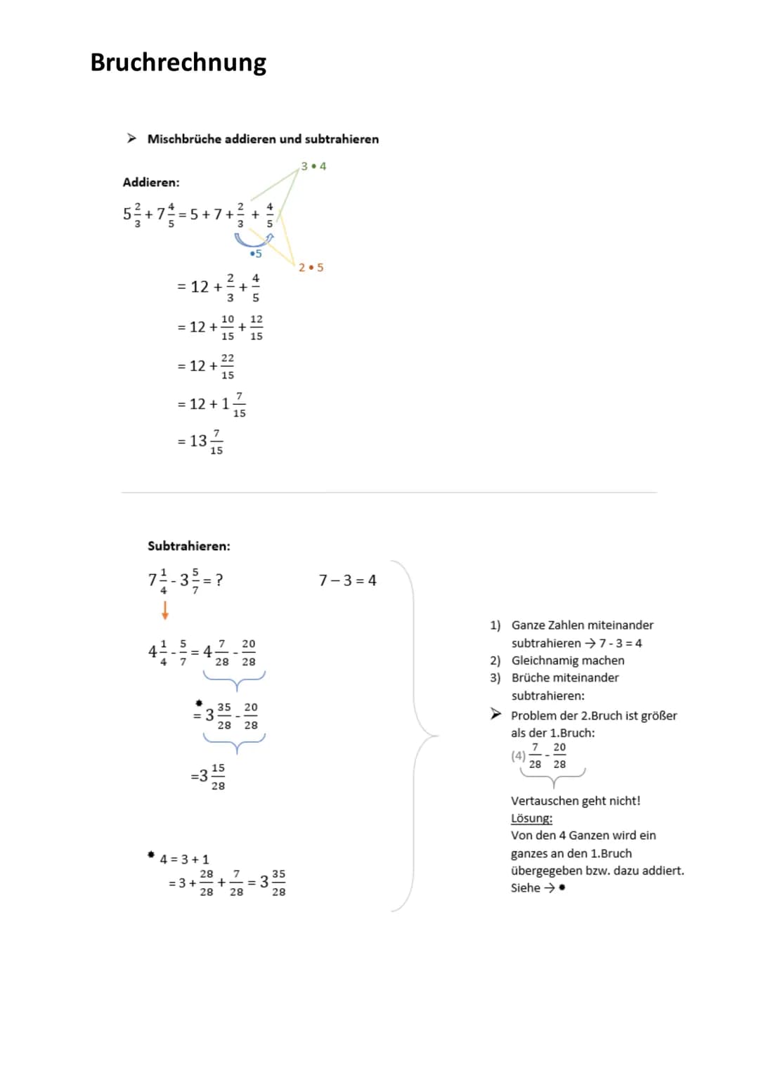Bruchrechnung
➤ Brüche addieren und subtrahieren:
Addieren:
4
7 7
➤ Addieren
3
1
7
• mal
3 1
=
Subtrahieren
3.3
12
4 3
2.7 1.3
+
21
21
=
-
1
