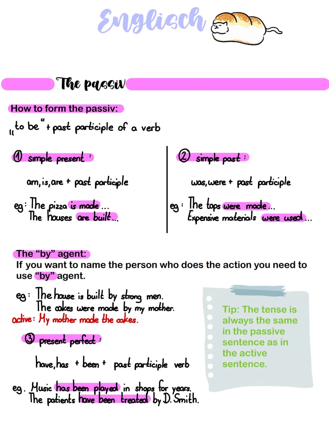 Englisch
The passiv
How to form the passiv:
to be + past participle of a verb
simple present
am, is,are + past participle
eg: The pizza is m