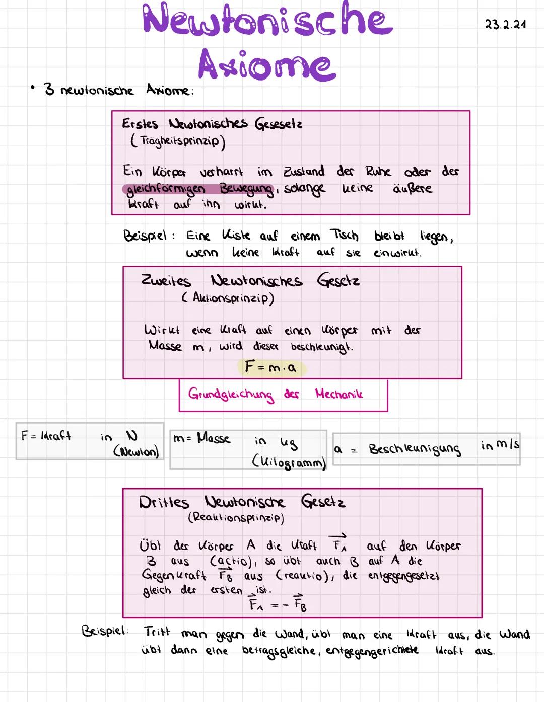 # Newtonische
Axiome

• 3 newtonische Axiome:

Erstes Newtonisches Gesesela
(Trägheitsprinzip)

Ein Körper vesharrt im Zustand der Ruhe oder
