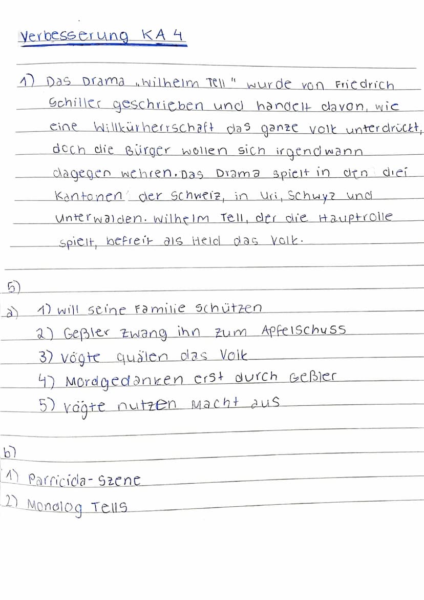 Deutsch
Klassenarbeit Nr. 4
Thema: Friedrich Schiller-,,Wilhelm Tell"
1) Beschreibe in einer Art Basissatz, wovon das Drama ,,Wilhelm Tell" 