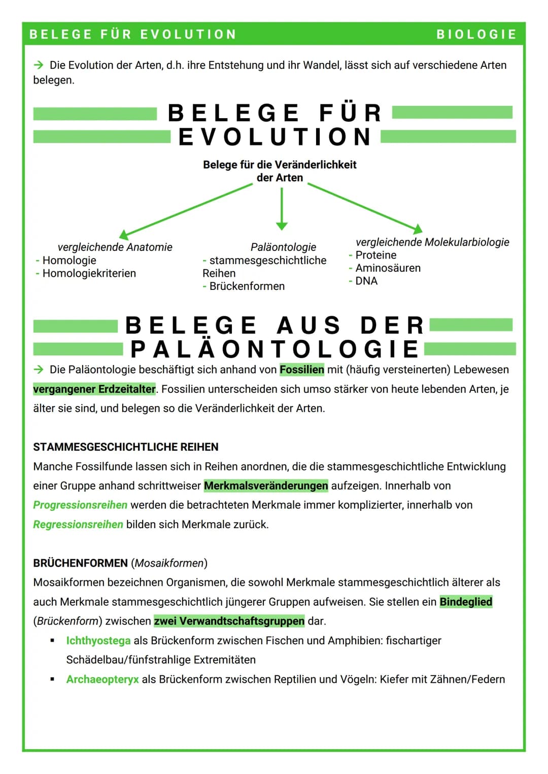 BELEGE FÜR EVOLUTION
→ Die Evolution der Arten, d.h. ihre Entstehung und ihr Wandel, lässt sich auf verschiedene Arten
belegen.
BELEGE FÜR
E