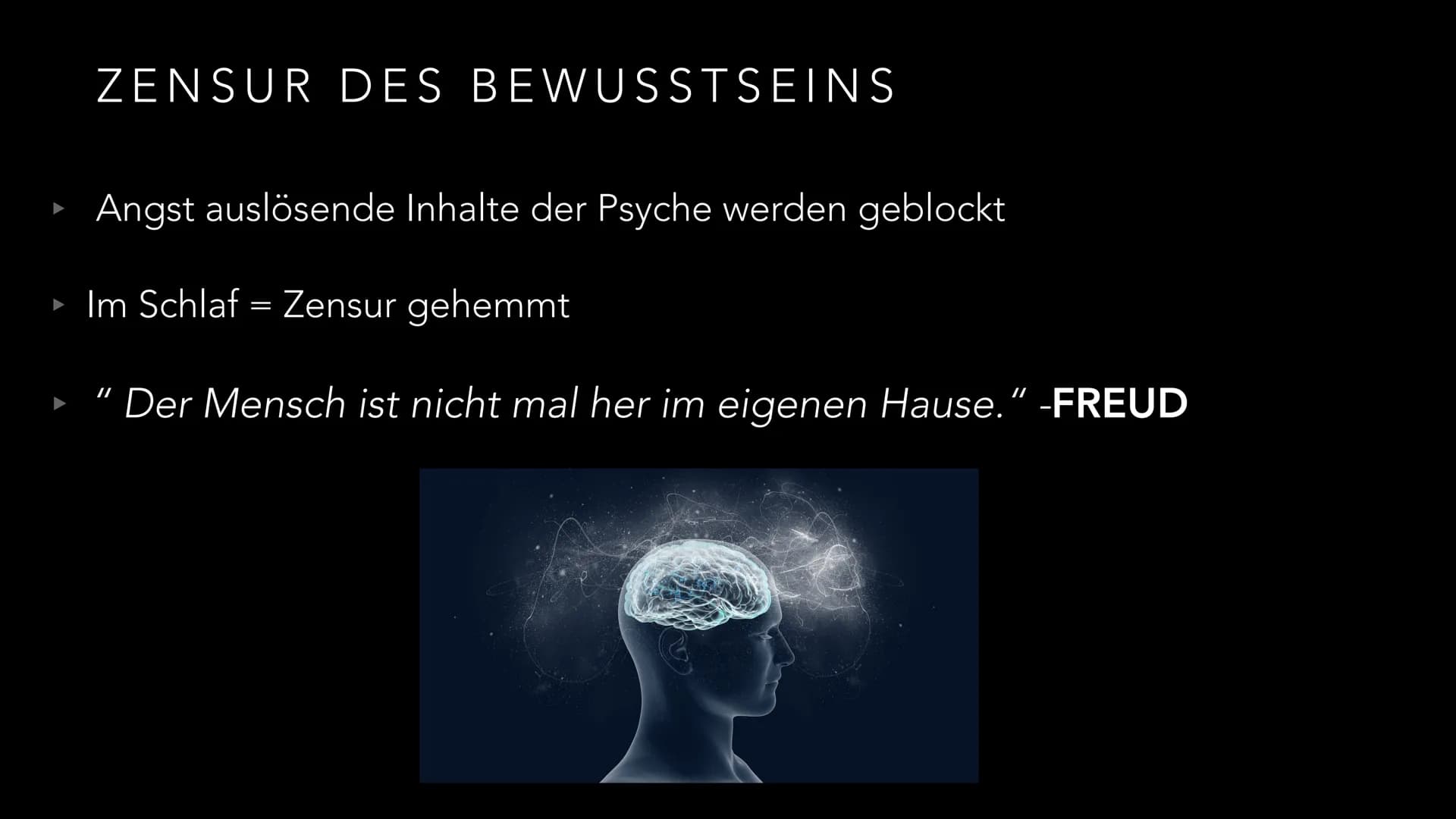 TRAUMDEUTUNG
SIGMUND FREUD ERSTER GEDANKE
X DEFINITION
▸ Schlaf: Ruhezustand des Körpers, in dem das Bewusstsein ausgeschaltet ist
(viele Kö