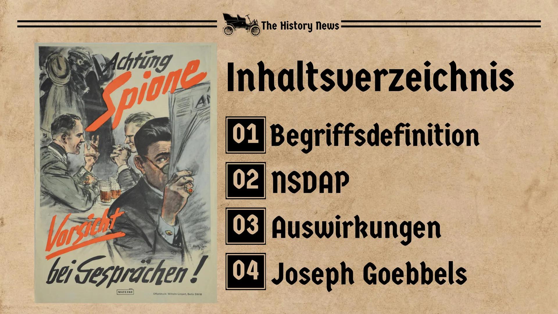 # The History News

September 1939

# Propaganda

Zur Zeit des

Nationalsozialismus Achtung
A
Varste
bei Gesprächen!
MATEJKO
Offsetdruck: Wi