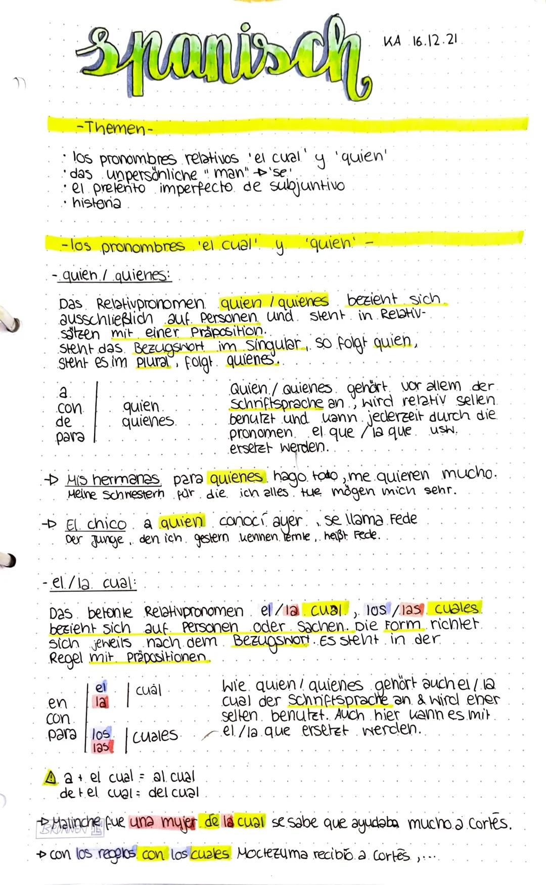 spants cr
-Themen-
los pronombres relativos el cual'
das unpersönliche "man" 'se
el pretento imperfecto de Subjuntivo
histeria
-los pronombr